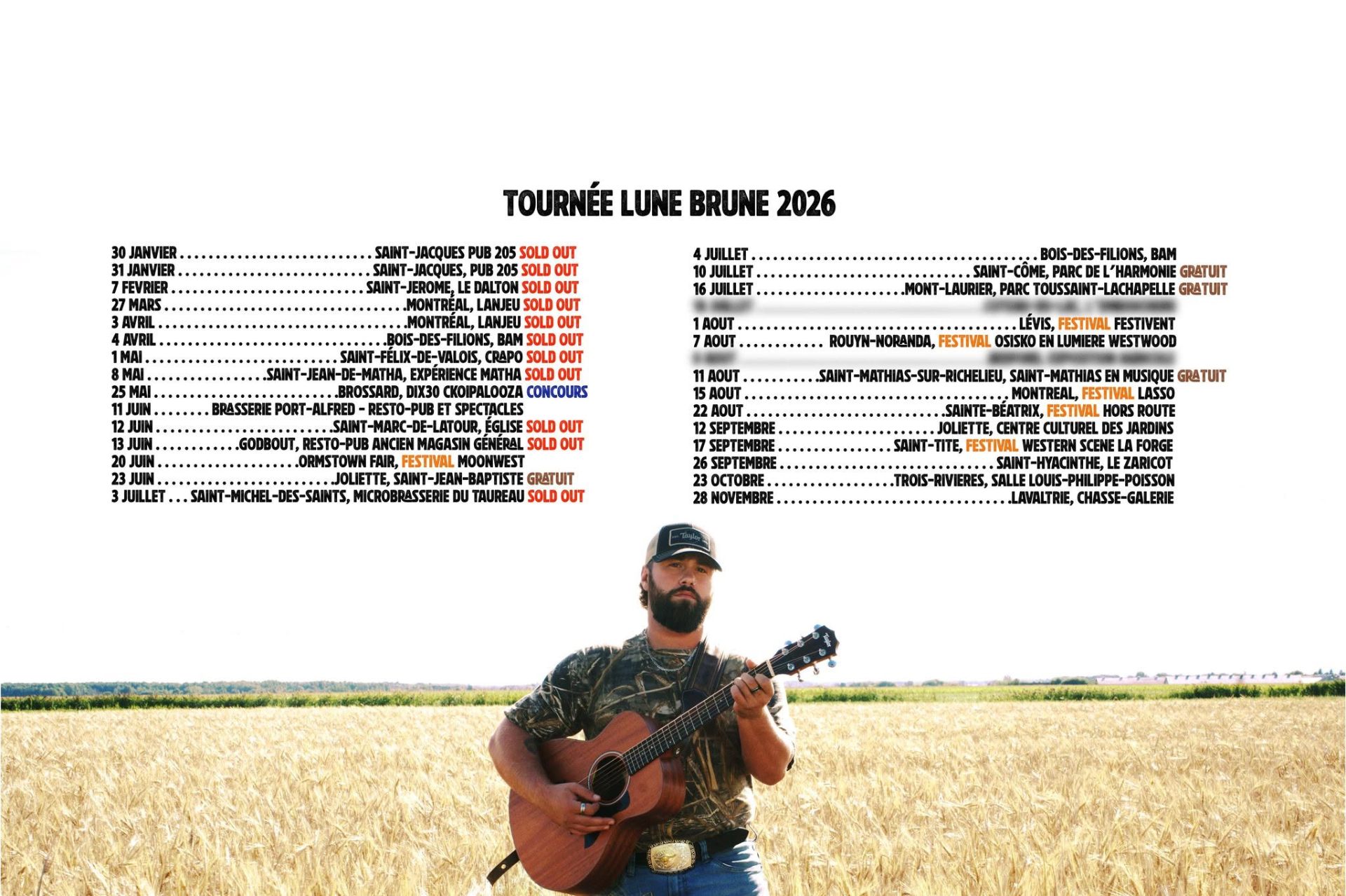 Affiche de la tournée Lune Brune 2026 d'Arpin Lépine avec toutes les dates